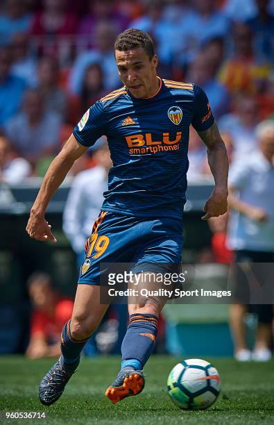 Rodrigo Moreno of Valencia in action during the La Liga match between Valencia and Deportivo La Coruna at Mestalla Stadium on May 20, 2018 in...