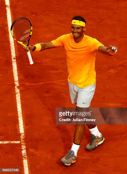 Rafael Nadal of Spain celebrates victory after the Mens Singles final match between Rafael Nadal and Alexander Zverev on Day Eight of the The...