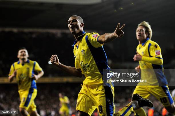Jermaine Beckford of Leeds celebrates aftering scoring from the penalty spot to level the scores 2-2 deep in injury time during the FA Cup sponsored...