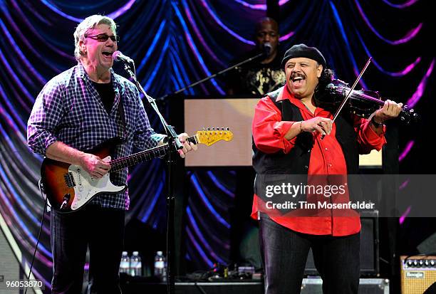 Steve Miller and Carlos Reyes perform as part of the Tribute to the life of Norton Buffalo at the Fox Theatre on January 22, 2010 in Oakland,...