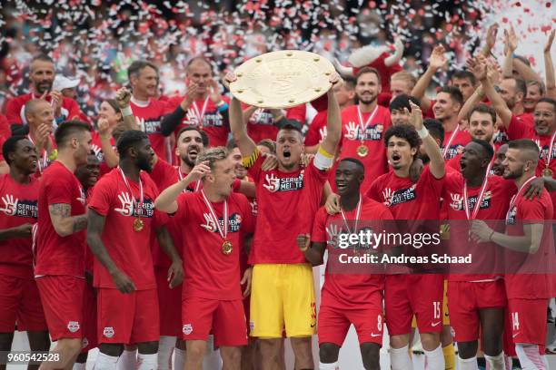 Salzburg's captain Alexander Walke celebrates with the trophy for winning the Austrian Soccer Championship after the tipico Bundesliga match between...