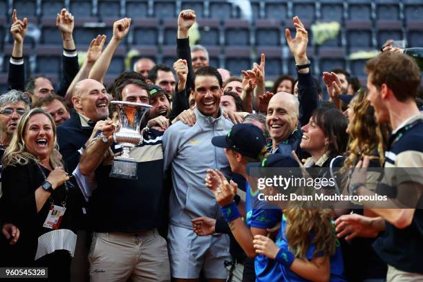 Rafael Nadal of Spain celebrates with the trophy after victory in his Mens Final match against Alexander Zverev of Germany during day 8 of the...