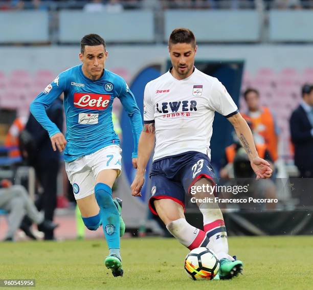 Jose Callejon of SSC Napoli vies with Marco Capuano of FC Crotone during the Serie A match between SSC Napoli and FC Crotone at Stadio San Paolo on...