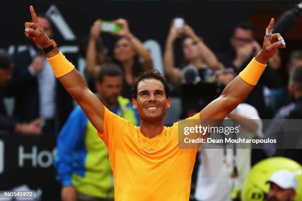 Rafael Nadal of Spain celebrates match point after victory in his Mens Final match against Alexander Zverev of Germany during day 8 of the...