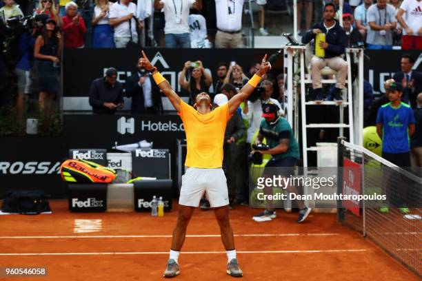 Rafael Nadal of Spain celebrates match point after victory in his Mens Final match against Alexander Zverev of Germany during day 8 of the...