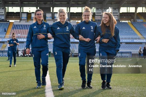 Michela Franco , Federico Russo , Aurora Galli and Lisa Boattin of Juventus are seen ahead of the women serie A final match between Juventus Women...