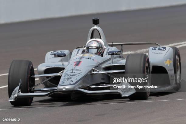 Josef Newgarden, driver of the Team Penske Chevrolet, pulls onto pit lane after making a practice run during Indianapolis 500 pole day on May 20 at...