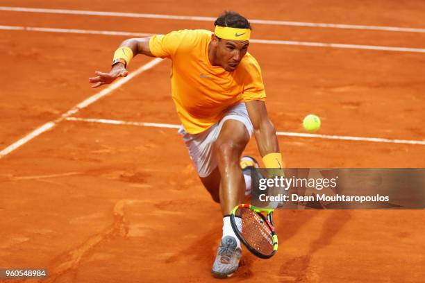 Rafael Nadal of Spain returns a backhand in his Mens Final match against Alexander Zverev of Germany during day 8 of the Internazionali BNL d'Italia...