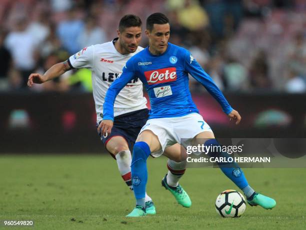 Napoli's Spanish striker Jose Maria Callejon fights for the ball with Crotone's Italian defender Marco Capuano during the Italian Serie A football...