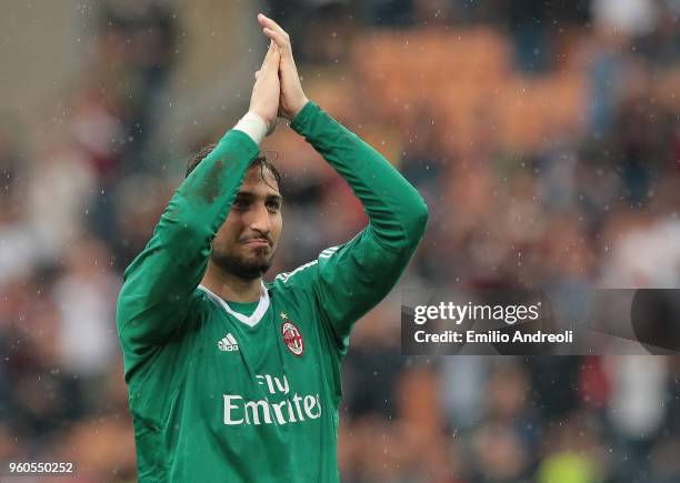 Gianluigi Donnarumma of AC Milan greets the fans at the end of the serie A match between AC Milan and ACF Fiorentina at Stadio Giuseppe Meazza on May...