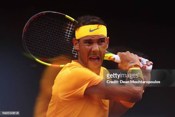 Rafael Nadal of Spain returns a backhand in his Mens Final match against Alexander Zverev of Germany during day 8 of the Internazionali BNL d'Italia...