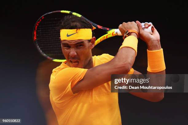 Rafael Nadal of Spain returns a backhand in his Mens Final match against Alexander Zverev of Germany during day 8 of the Internazionali BNL d'Italia...