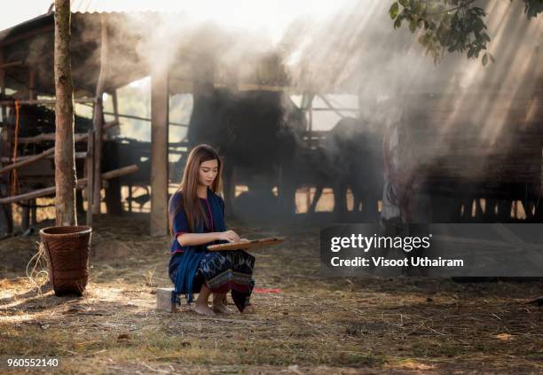 attractive young sweet native women with red and green checker table scarf in farmland. - smiley face stock pictures, royalty-free photos & images