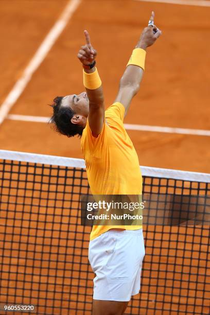 Rafael Nadal of Spain celebrates match point after victory in his Mens Final match against Alexander Zverev of Germany during day 8 of the...