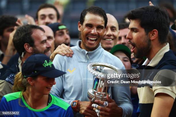 Rafael Nadal of Spain celebrates with the trophy after victory in his Mens Final match against Alexander Zverev of Germany during day 8 of the...