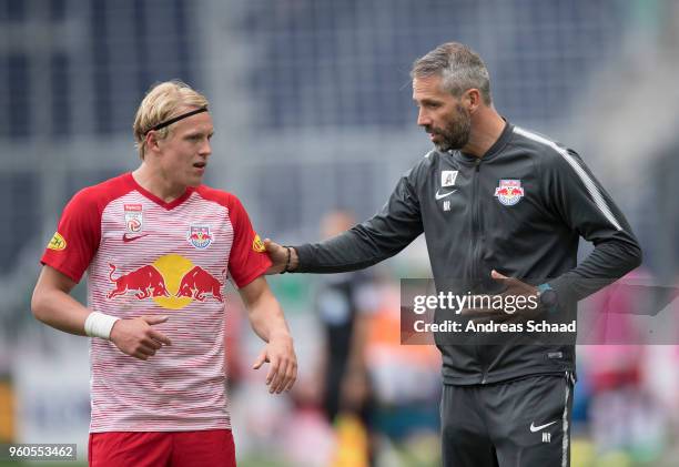 Xaver Schlager and head coach Marco Rose both of Salzburg during the tipico Bundesliga match between RB Salzburg and SV Mattersburg at Red Bull Arena...