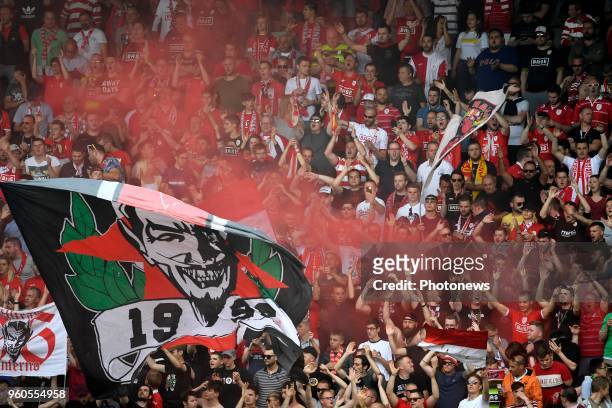 Supporters Fans showing their colors during the Jupiler Pro League play off 1 match between R. Charleroi SC and R. Standard de Liege on May 20, 2018...