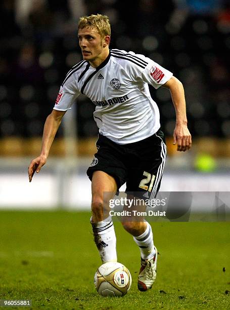 Dean Moxey of Derby County in action during the FA Cup 4th Round match between Derby County and Doncaster Rovers at Pride Park on January 23, 2010 in...