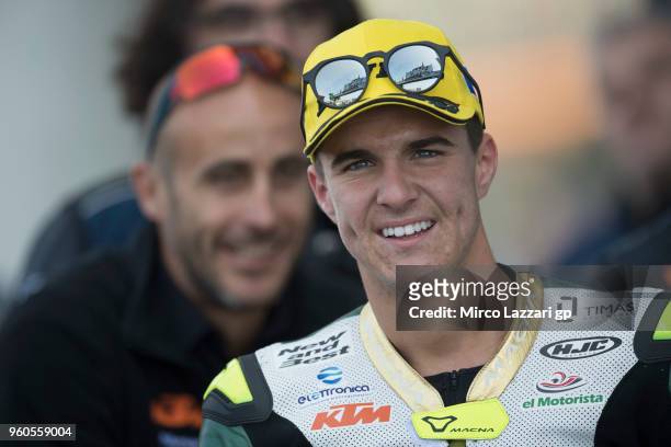 Marcos Ramirez of Spain and Bester Capital Dubai celebrates the third place under the podium at the end of the Moto3 race during the MotoGp of France...