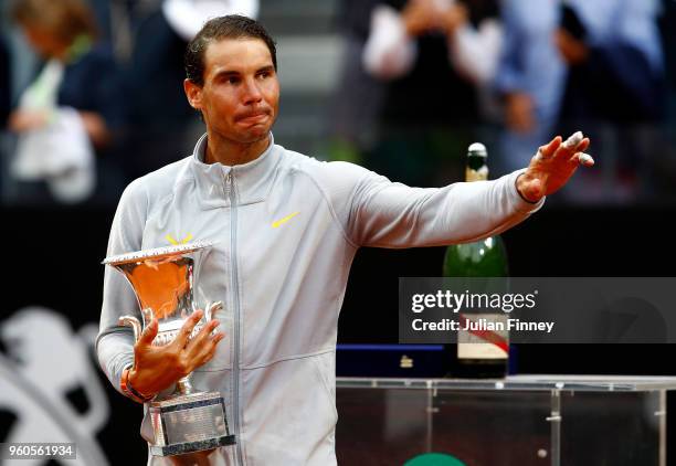 Rafael Nadal of Spain with the winners trophy after his win over Alexander Zverev of Germany in the final during day eight of the Internazionali BNL...