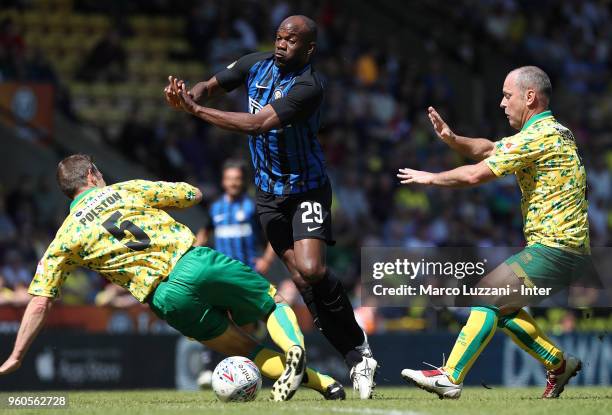 David Suazo of Inter Forever competes for the ball with Daryl Sutch and John Polston of Norwich City FC Legends during Norwich Legends v Inter...