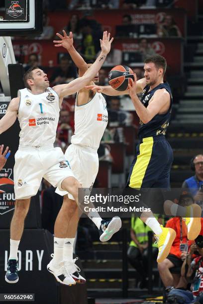 Marko Guduric, #23 of Fenerbahce Dogus Istanbul competes with Fabien Causeur, #1 of Real Madrid during the 2018 Turkish Airlines EuroLeague F4...
