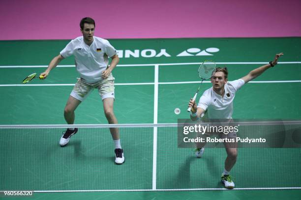 Mark Lamsfuss and Marvin Emil Seidel of Germany compete against Lee Jhe Huei and Lee Yang of Chinese Taipei during qualification match on day one of...