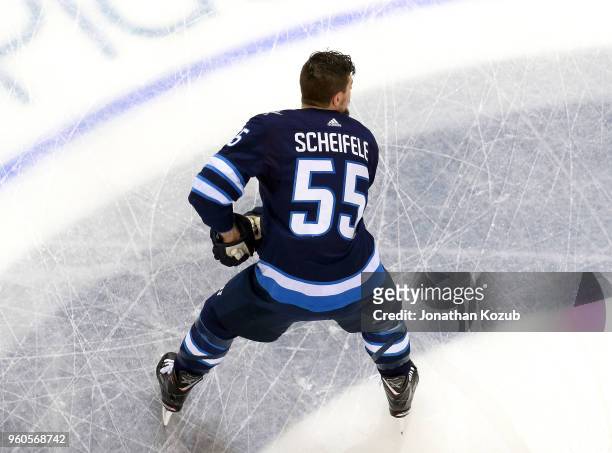 Mark Scheifele of the Winnipeg Jets takes part in the pre-game warm up prior to NHL action against the Vegas Golden Knights in Game Five of the...