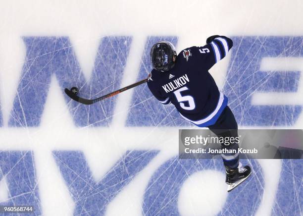 Dmitry Kulikov of the Winnipeg Jets takes part in the pre-game warm up prior to NHL action against the Vegas Golden Knights in Game Five of the...