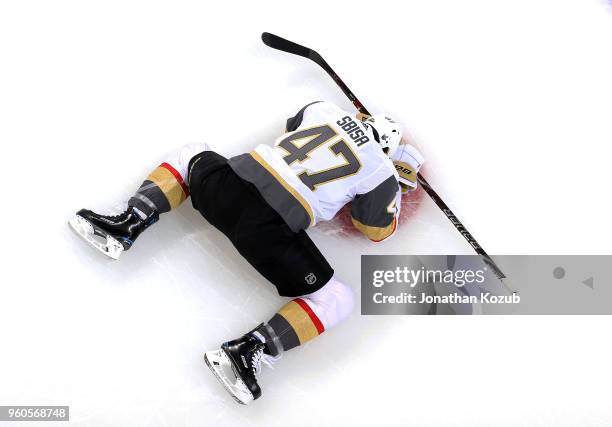 Luca Sbisa of the Vegas Golden Knights stretches during the pre-game warm up prior to NHL action against the Winnipeg Jets in Game Five of the...