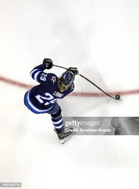Patrik Laine of the Winnipeg Jets takes part in the pre-game warm up prior to NHL action against the Vegas Golden Knights in Game Five of the Western...
