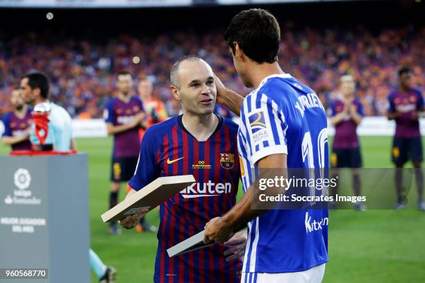 Andries Iniesta of FC Barcelona, Xabier Prieto of Real Sociedad during the La Liga Santander match between FC Barcelona v Real Sociedad at the Camp...