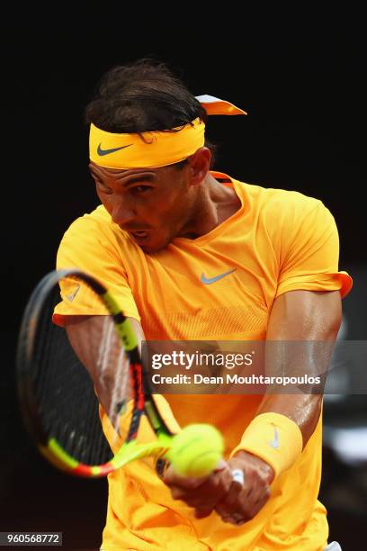 Rafael Nadal of Spain returns a backhand in his Mens Final match against Alexander Zverev of Germany during day 8 of the Internazionali BNL d'Italia...