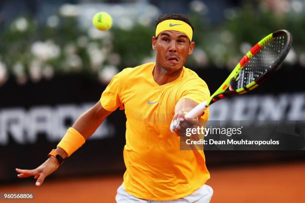Rafael Nadal of Spain returns a forehand in his Mens Final match against Alexander Zverev of Germany during day 8 of the Internazionali BNL d'Italia...