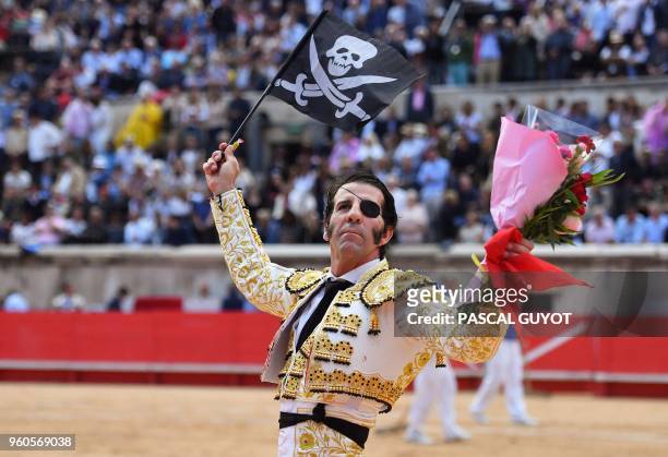 Spanish matador Juan Jose Padilla waves a pirate flag on May 20, 2018 during the Nimes Pentecost Feria, southern France.