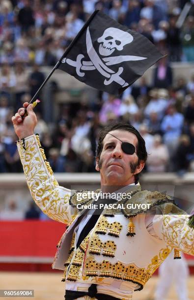 Spanish matador Juan Jose Padilla waves a pirate flag on May 20, 2018 during the Nimes Pentecost Feria, southern France.