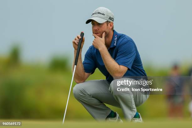 Tyler Duncan eyes his birdie putt on during the final round of the 50th annual AT&T Byron Nelson on May 20, 2018 at Trinity Forest Golf Club in...