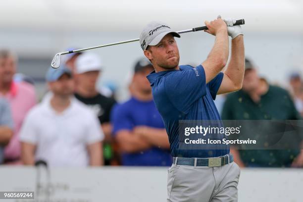 Tyler Duncan hits his tee shot on during the final round of the 50th annual AT&T Byron Nelson on May 20, 2018 at Trinity Forest Golf Club in Dallas,...