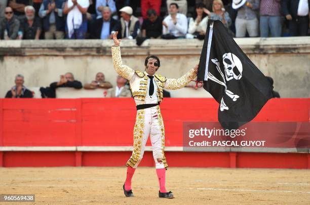 Spanish matador Juan Jose Padilla waves a pirate flag on May 20, 2018 during the Nimes Pentecost Feria, southern France.