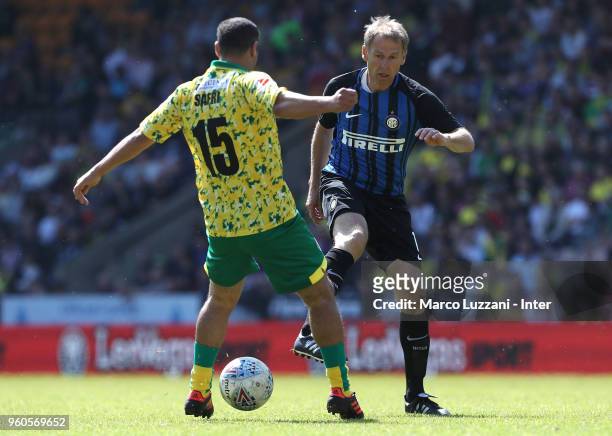 Jurgen Klinsmann of Inter Forever competes for the ball with Youssef Safri of Norwich City FC Legends during Norwich Legends v Inter Forever at...