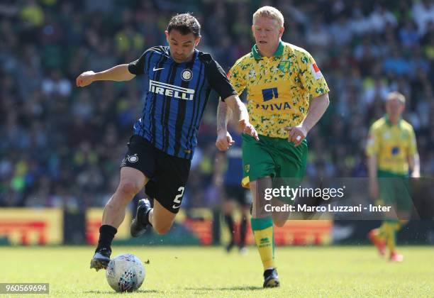 Giorgios Karagounis of Inter Forever competes for the ball with Gary Holt of Norwich City FC Legends during Norwich Legends v Inter Forever at Carrow...