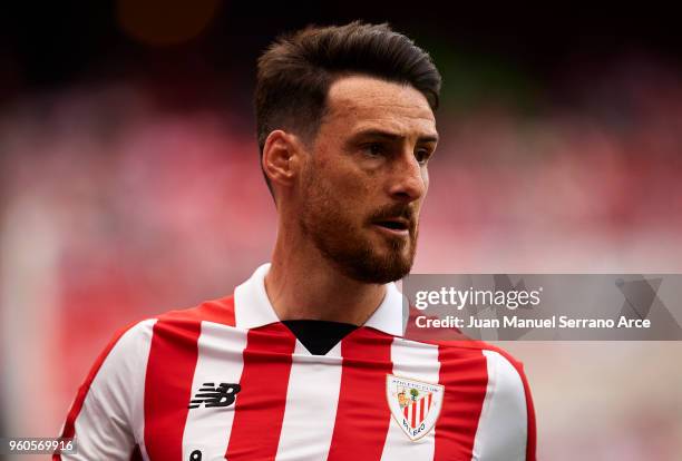 Aritz Aduriz of Athletic Club reacts during the La Liga match between Athletic Club and RCD Espanyol at San Mames Stadium on May 20, 2018 in Bilbao,...