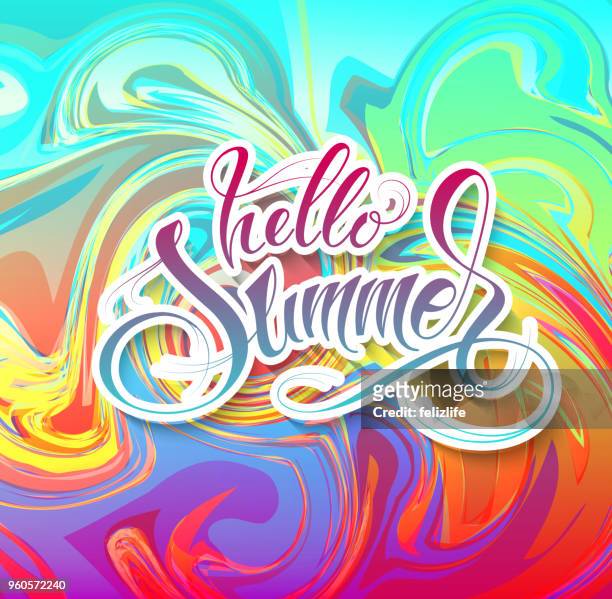 bunte abstrakte moderne hintergrund mit schriftzug "hallo sommer" für die gestaltung der flyer, postkarte, karte, buch - hello summer stock-grafiken, -clipart, -cartoons und -symbole