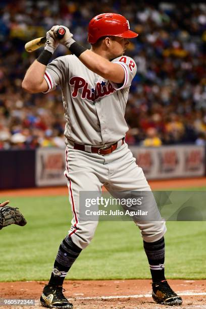 Rhys Hoskins of the Philadelphia Phillies goes up to bat in the third inning against the Tampa Bay Rays on April 15, 2018 at Tropicana Field in St...