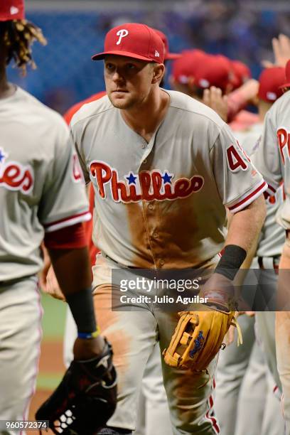 Rhys Hoskins of the Philadelphia Phillies celebrates with teammates after a 10-4 win against the Tampa Bay Rays on April 15, 2018 at Tropicana Field...