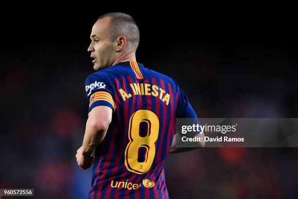 Andres Iniesta of FC Barcelona looks on during the La Liga match between Barcelona and Real Sociedad at Camp Nou on May 20, 2018 in Barcelona, Spain.