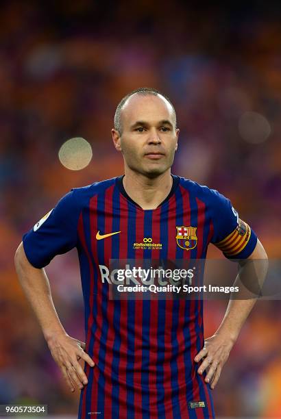 Andres Iniesta of Barcelona looks on prior to the La Liga match between Barcelona and Real Sociedad at Camp Nou on May 20, 2018 in Barcelona, Spain.