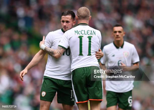 Glasgow , United Kingdom - 20 May 2018; Alan Browne, left, is congratulated by his Republic of Ireland XI team-mate James McClean after scoring his...