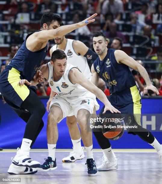 Fabien Causeur of Real Madrid in action against Ahmet Duverioglu and Kostas Sloukas of Fenerbahce during the Turkish Airlines Euroleague Final Four...