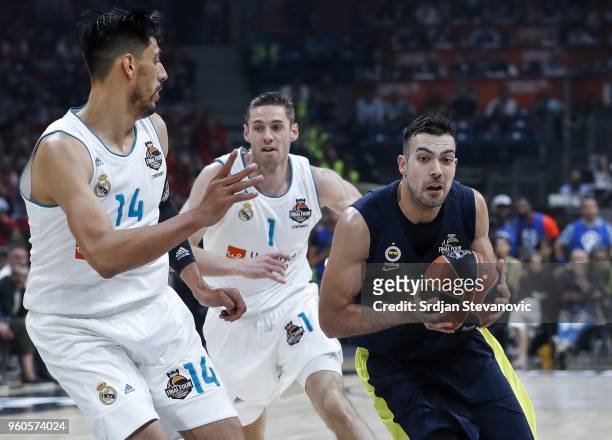 Kostas Sloukas of Fenerbahce in action against Gustavo Ayon of Real Madrid during the Turkish Airlines Euroleague Final Four Belgrade 2018 Final...